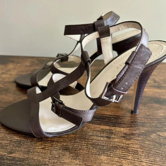💫HP| Nine West|Dark Brown Leather Gladiator 3.5” Heel Ankle Strap Sandal Sz 7.5 - Picture 4 of 8